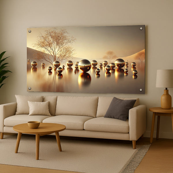 כדורי מתכת באור שקיעה זהוב – תמונות זכוכית