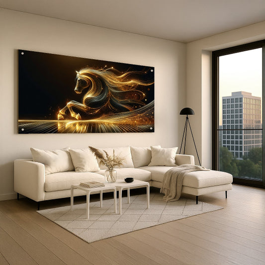 סוס זהוב על רקע שחור - הדפסה על זכוכית