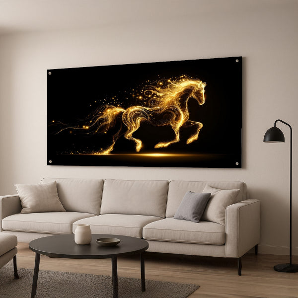 סוס זהב זוהר על רקע שחור – תמונת זכוכית יוקרתית לעיצוב מודרני