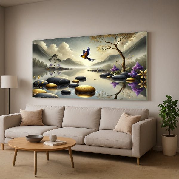 אגם זהוב וציפור כחולה – תמונות זכוכית