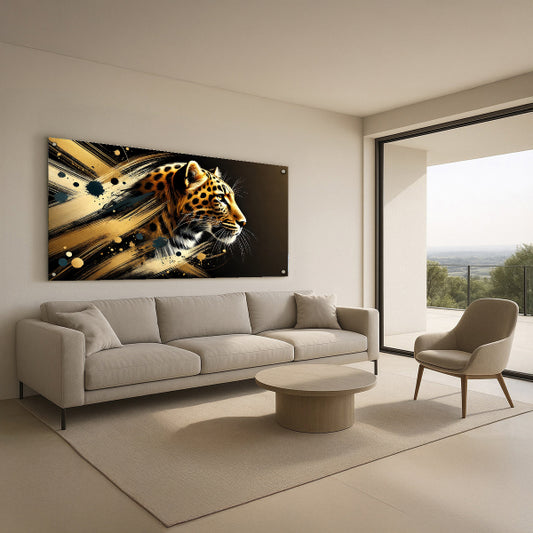 תמונת זכוכית של נמר זהוב בעיצוב מודרני יוקרתי לסלון