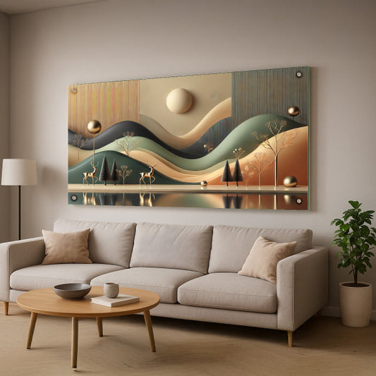 תמונת זכוכית נוף הרים זהוב עם איילים – תמונות זכוכית מודרניות לבית