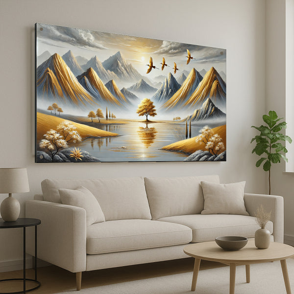 נוף הרים מוזהב עם עץ וציפורים – תמונות זכוכית