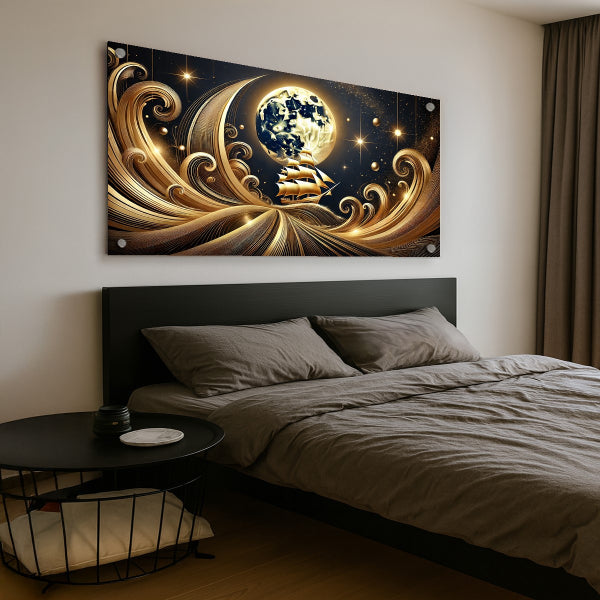 תמונת זכוכית ספינת מפרשים זהובה בליל ירח קסום עם גלים נוצצים