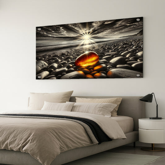 אבן זהב זוהרת על חוף סלעי – תמונות זכוכית