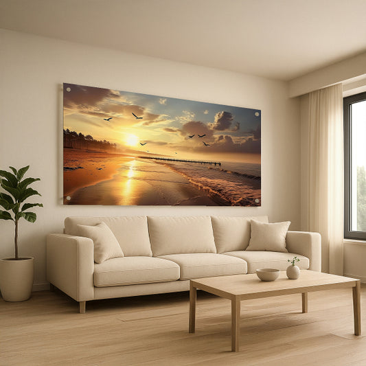 שקיעה זהובה על חוף ים רגוע – תמונות זכוכית לסלון