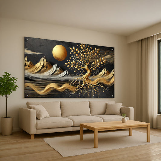 עץ זהב ונוף הרים – תמונות זכוכית