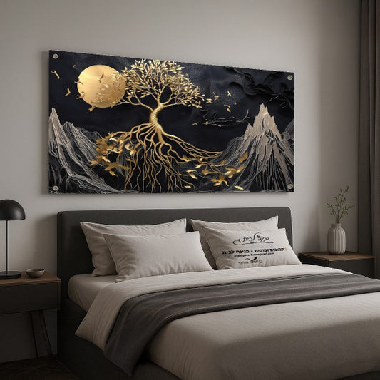 תמונת זכוכית של עץ זהב עם שורשים בהרים וירח זהוב ברקע