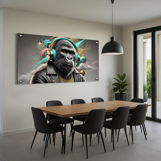 גורילה עם אוזניות זהב בעיצוב מודרני – תמונת זכוכית יוקרתית ואורבנית
