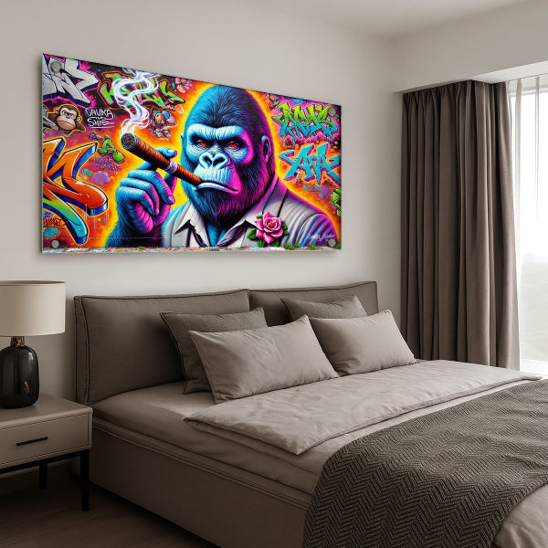 תמונת זכוכית גרפיטי של גורילה עם סיגר - עיצוב מודרני נועז לבית