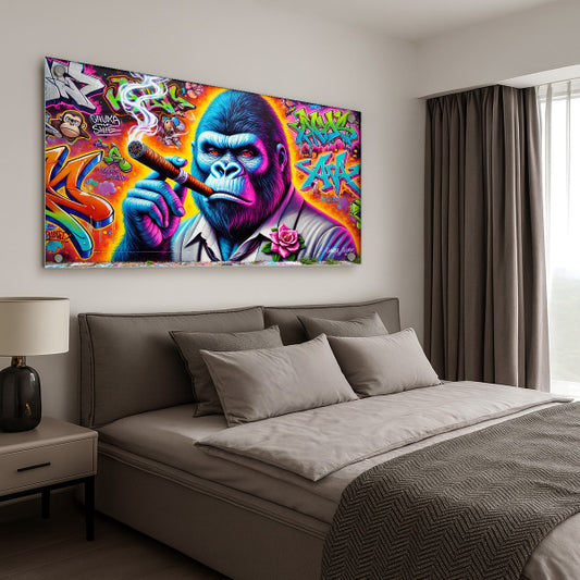 תמונת זכוכית גרפיטי של גורילה עם סיגר - עיצוב מודרני נועז לבית