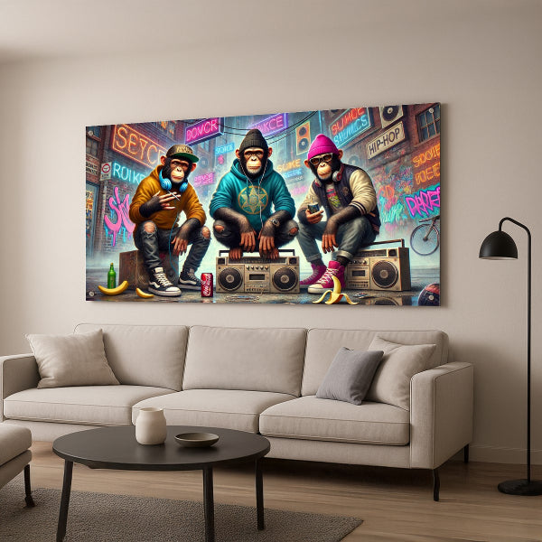 תמונת זכוכית של שלושה קופים בסגנון גרפיטי אורבני עם רקע צבעוני