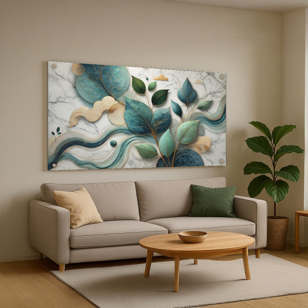 תמונת זכוכית עלים ירוקים וטורקיז על רקע שיש לבן – תמונות לבית