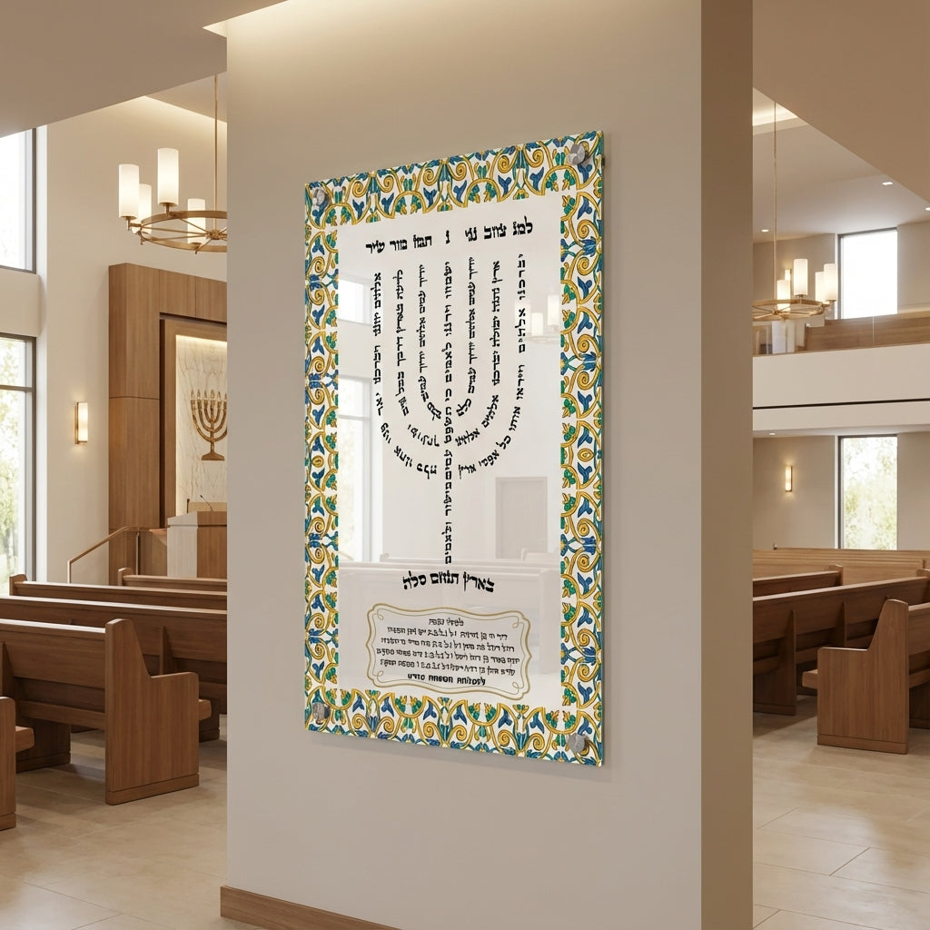 תמונות זכוכית - חנוכייה למנצח בעיטורי ערבסקה כחול-זהב עם טקסט עברי מעגלי תמונות זכוכית לסלון תמונות לבית תמונות קיר הדפסה על זכוכית
