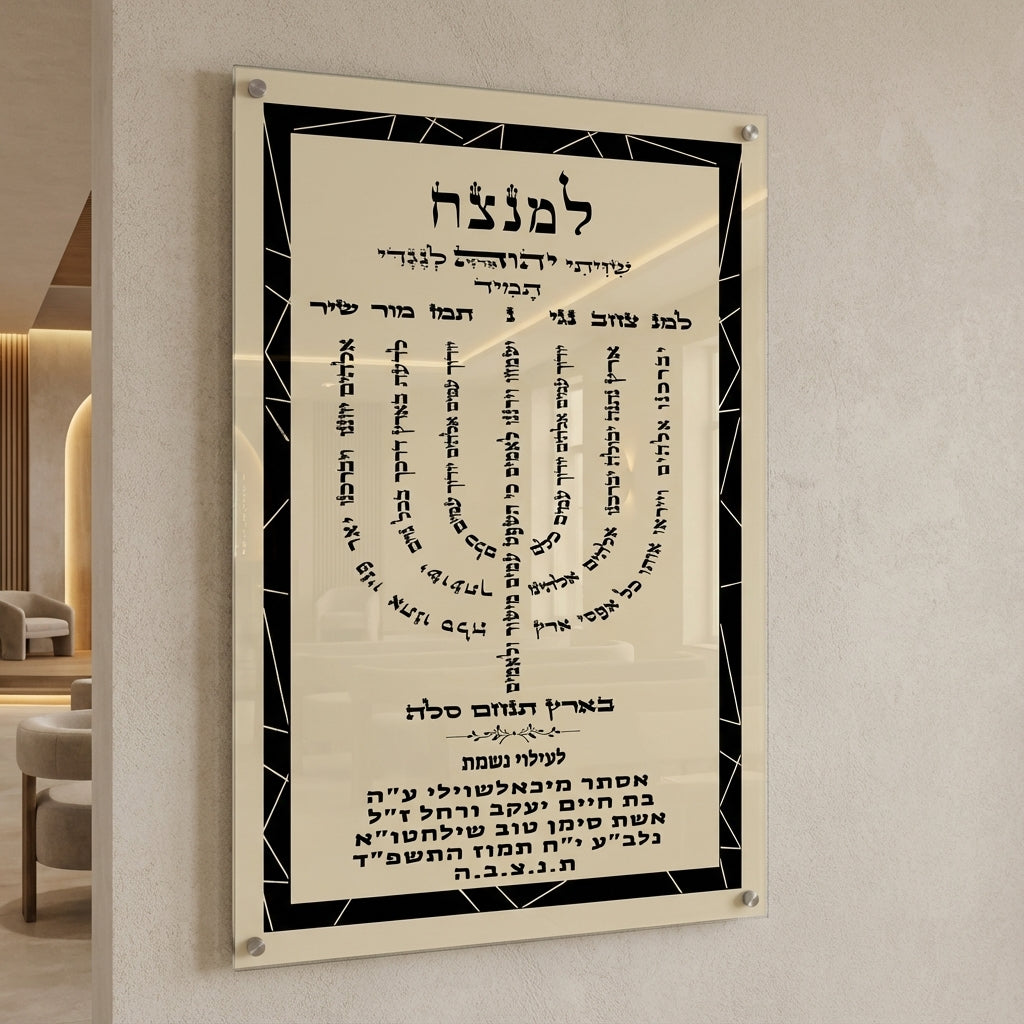 הדפסה על זכוכית - חנוכייה למנצח בעיצוב קליגרפי על רקע קרם ומסגרת שחורה גיאומטרית תמונות זכוכית לסלון תמונות לבית תמונות קיר הדפסה על זכוכית