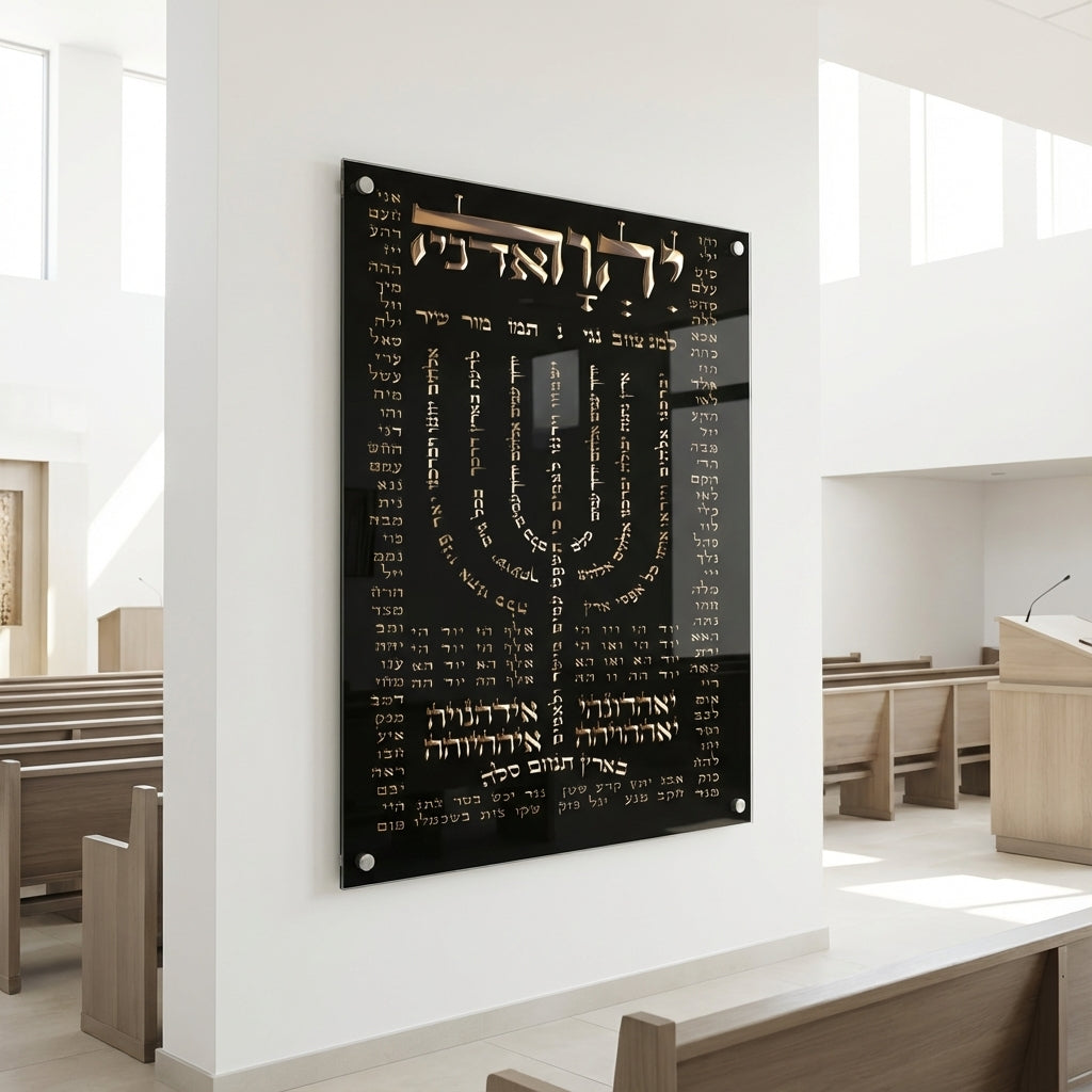 תמונות זכוכית - חנוכייה למנצח קליגרפיה מוזהבת על רקע שחור מבריק תמונות זכוכית לסלון תמונות לבית תמונות קיר הדפסה על זכוכית