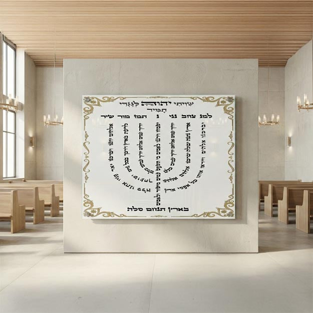 תמונות זכוכית - חנוכייה למנצח בעיטורי זהב וכתב עברי קלאסי תמונות זכוכית לסלון תמונות לבית תמונות קיר הדפסה על זכוכית