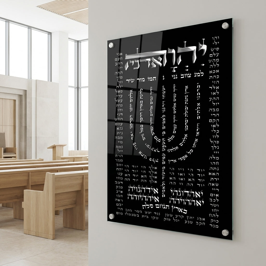 הדפסה על זכוכית - חנוכייה למנצח שחורה עם טיפוגרפיה עברית לבנה תמונות זכוכית לסלון תמונות לבית תמונות קיר הדפסה על זכוכית