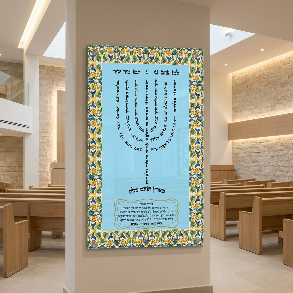 תמונות זכוכית - חנוכייה למנצח בעיטורי זהב וכחול על רקע תכלת תמונות זכוכית לסלון תמונות לבית תמונות קיר הדפסה על זכוכית