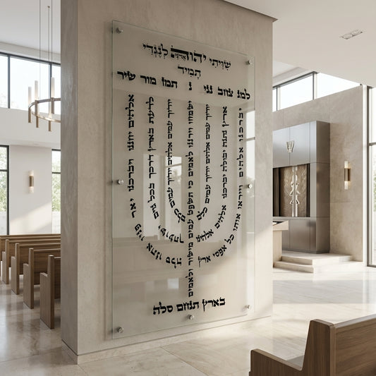 חנוכייה למנצח מזכוכית עם כתב