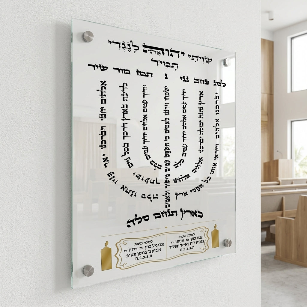 תמונות זכוכית - חנוכייה למנצח בכתב שחור נקי עם נרות זהב עדינים תמונות זכוכית לסלון תמונות לבית תמונות קיר הדפסה על זכוכית