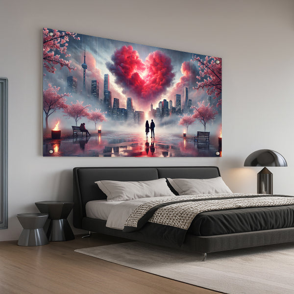 לב ורוד בעננים מעל עיר מודרנית – תמונות נוי