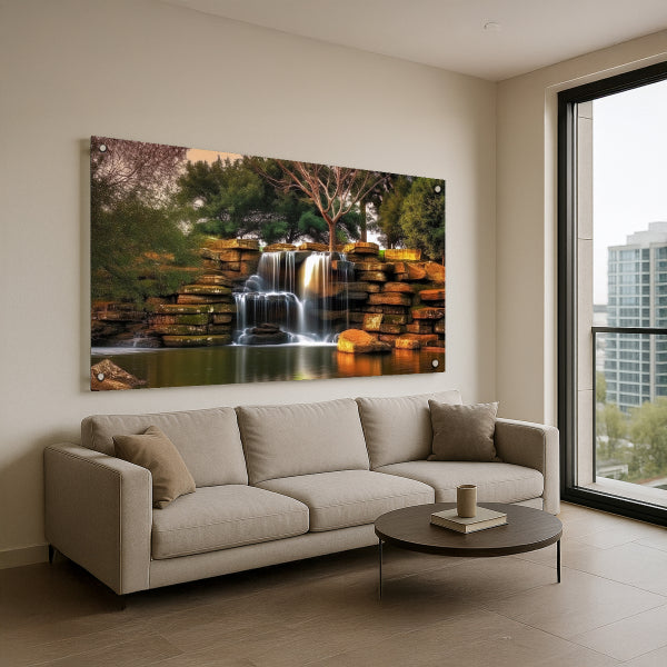 תמונות לבית - מפל מים טבעי זורם בין סלעים וצמחייה ירוקה