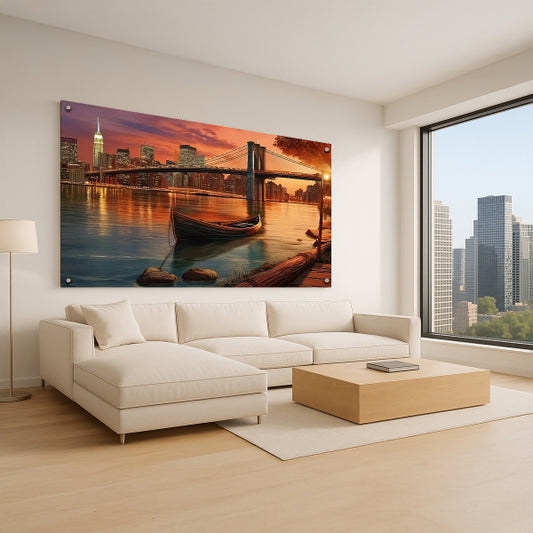 תמונות לבית - גשר עירוני מואר בשקיעה עם סירה ונהר רגוע