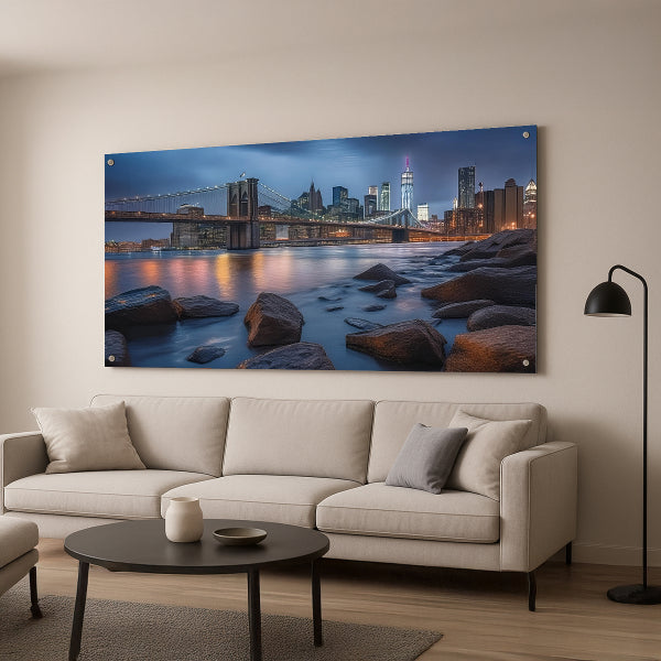 תמונות לבית - גשר ברוקלין בלילה עם אורות העיר המשתקפים במים