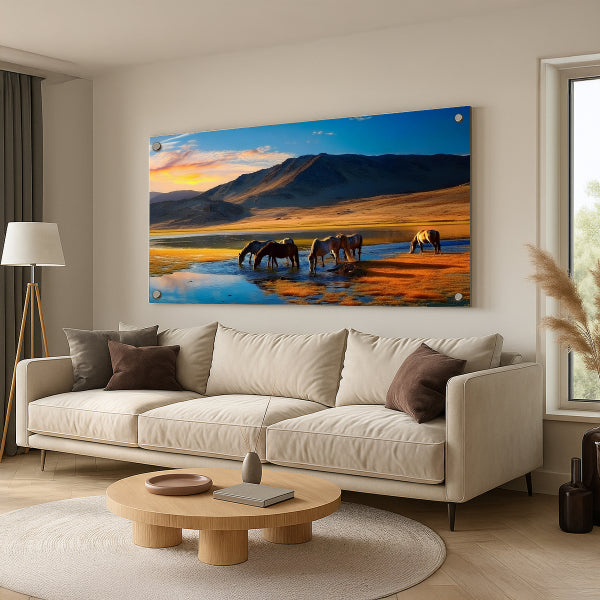 סוסים שותים מים בשקיעה – תמונות זכוכית לבית