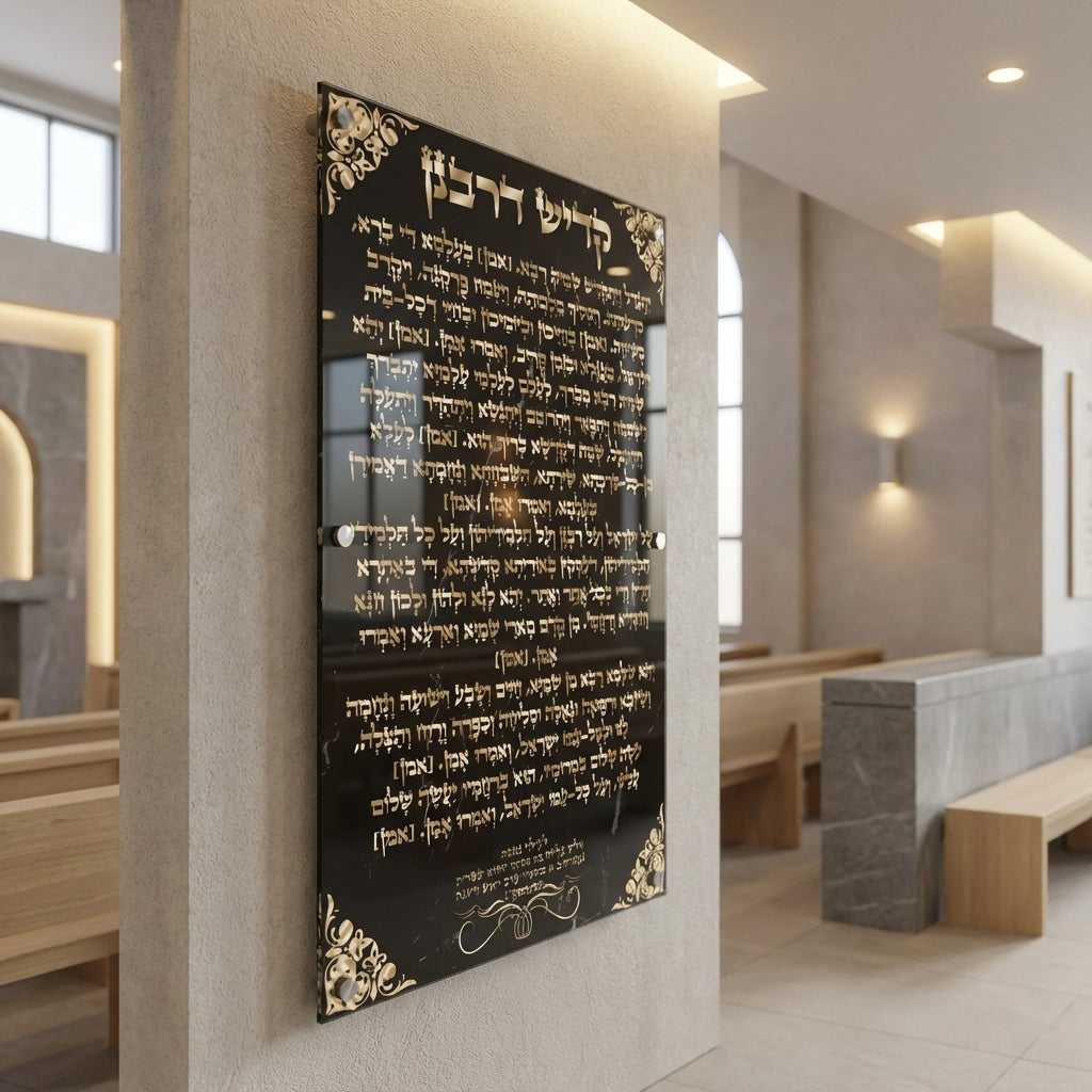תמונות זכוכית - ברכת קדיש בעיצוב שחור יוקרתי עם אותיות זהב ועיטורי פינות תמונות זכוכית לסלון תמונות לבית תמונות קיר הדפסה על זכוכית