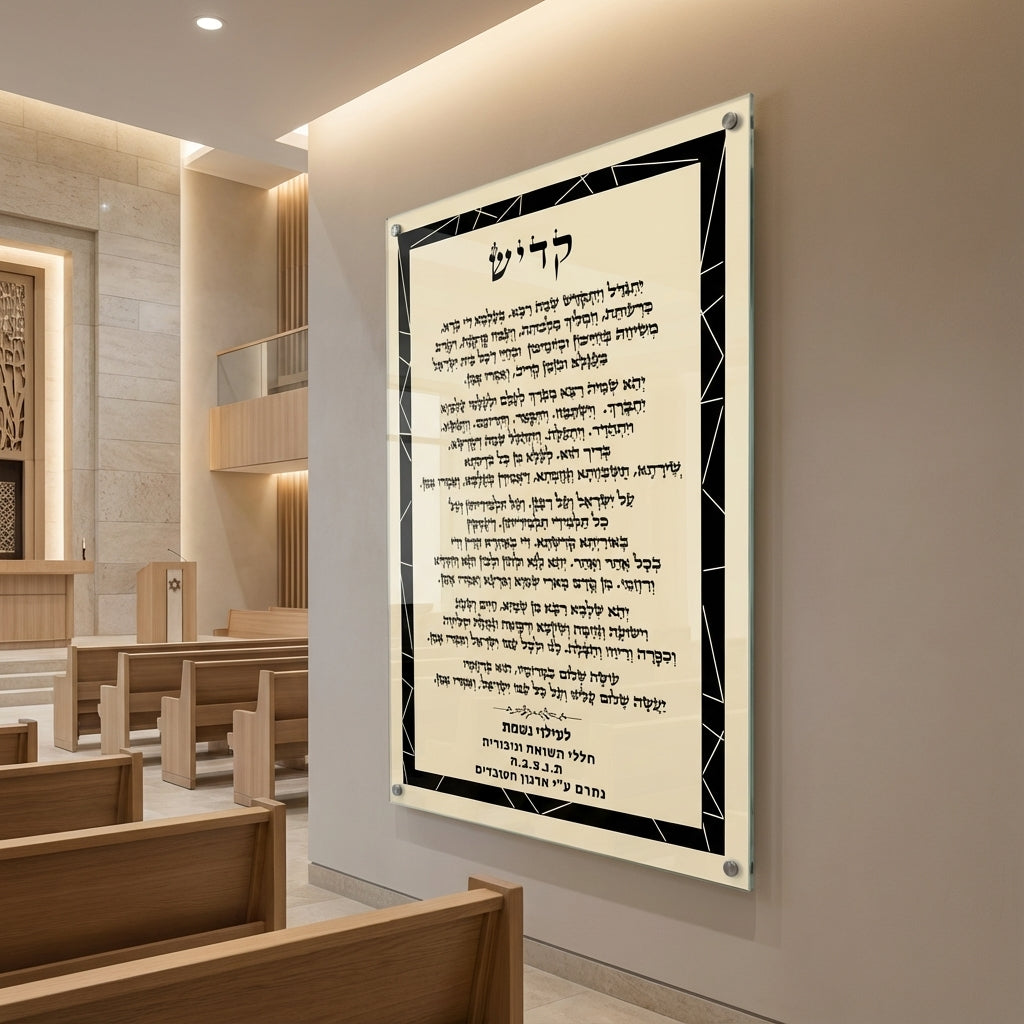 תמונות זכוכית - ברכת קדיש בעיצוב מסגרת שחורה גיאומטרית על רקע קרם תמונות זכוכית לסלון תמונות לבית תמונות קיר הדפסה על זכוכית