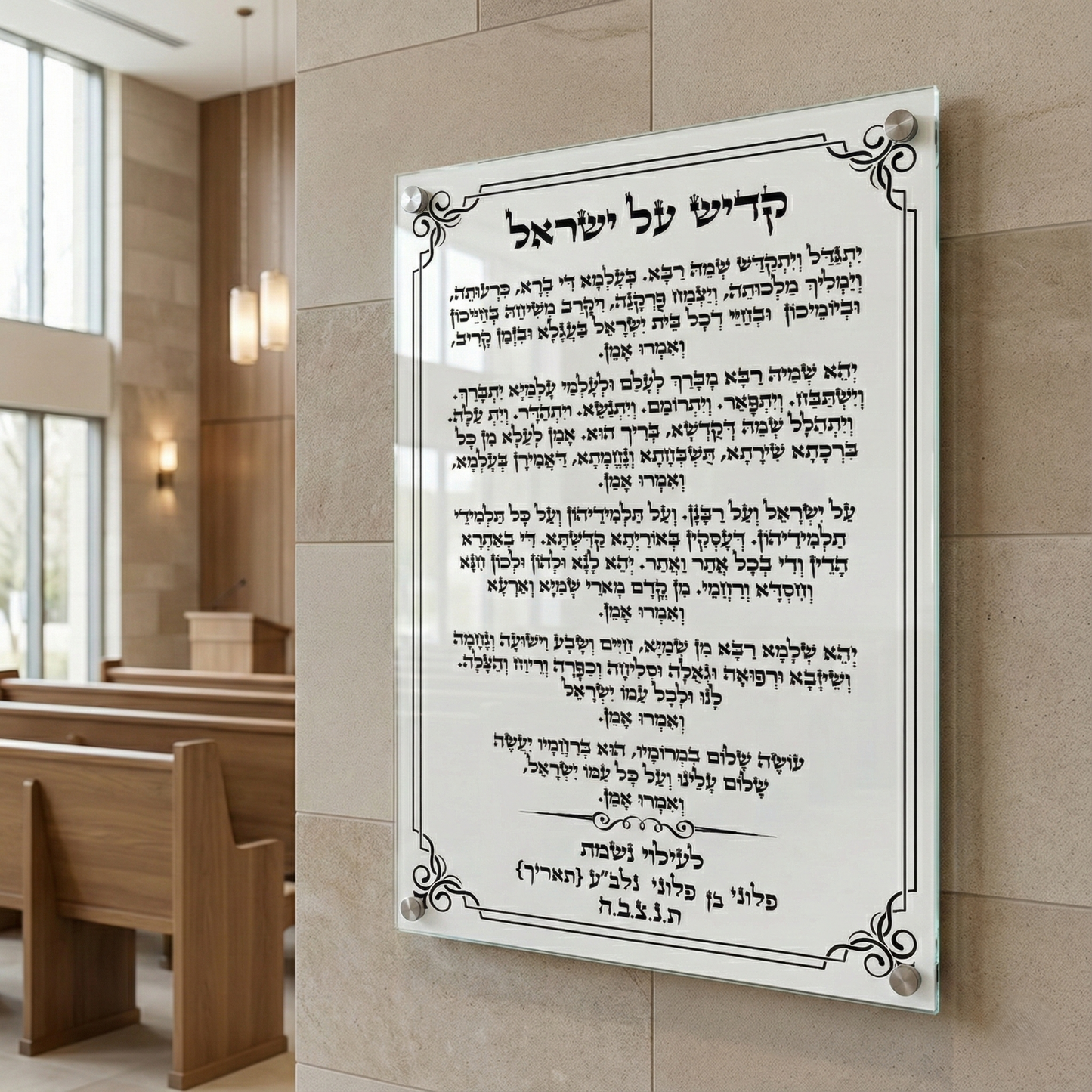 תמונות זכוכית - ברכת קדיש על ישראל בעיטורי מסגרת שחורים על רקע לבן אלגנטי תמונות זכוכית לסלון תמונות לבית תמונות קיר הדפסה על זכוכית