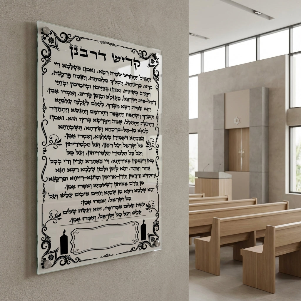 תמונות זכוכית - ברכת קדיש בעיטורי קליגרפיה שחורים על רקע לבן תמונות זכוכית לסלון תמונות לבית תמונות קיר הדפסה על זכוכית