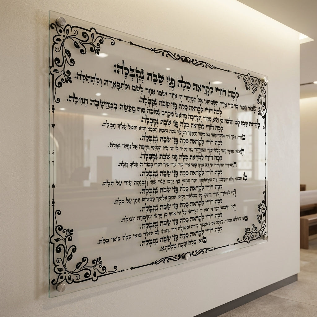 תמונות זכוכית - ברכת לכה דודי בעיטורי תחרה שחורים על רקע שקוף תמונות זכוכית לסלון תמונות לבית תמונות קיר הדפסה על זכוכית