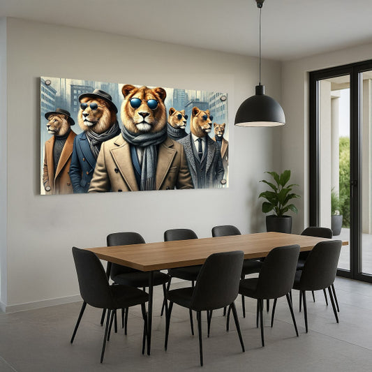 אריות לבושים בחליפות יוקרתיות – תמונת זכוכית מודרנית ומרשימה לבית או למשרד