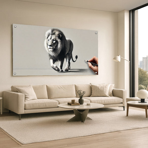 אריה מצויר ביד על זכוכית - הדפסה יוקרתית