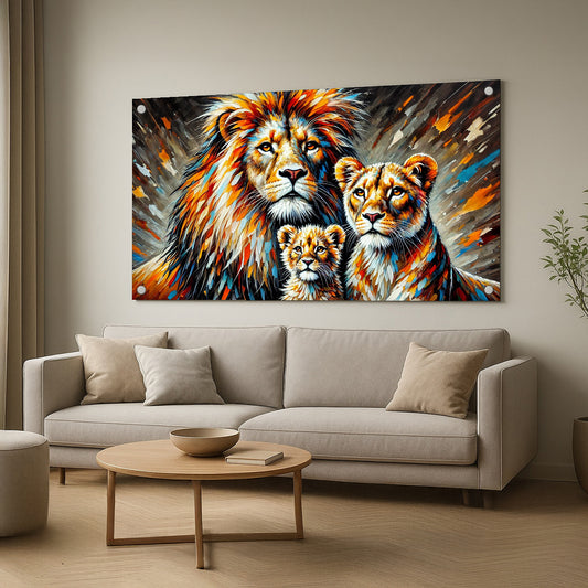 משפחת אריות בצבעים חמים – יצירת זכוכית אמנותית לסלון יוקרתי