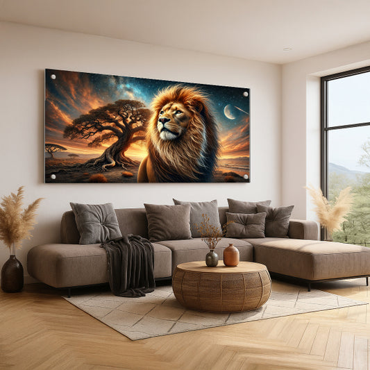 אריה בשקיעה מרהיבה על זכוכית – תמונות לבית