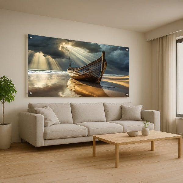 תמונות לסלון - סירת עץ ישנה על חוף ים מואר בקרני שמש