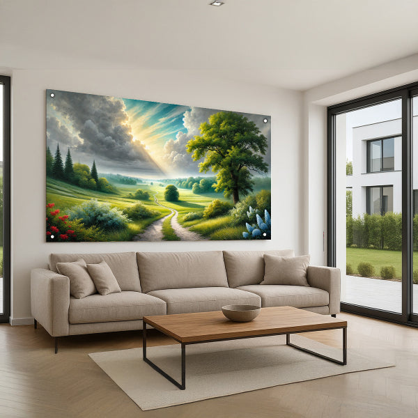 תמונות לסלון - שביל ירוק באור בוקר עם עצים וקרני שמש מרהיבות