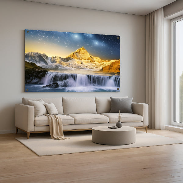 תמונות לסלון - נוף הר מושלג עם מפל קסום תחת שמיים זרועי כוכבים