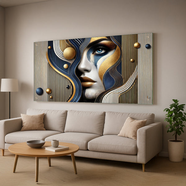 דיוקן נשי יוקרתי בגווני זהב וכחול - תמונת זכוכית מודרנית לבית