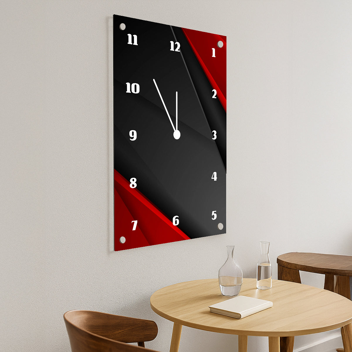 שעון קיר זכוכית שחור אדום גאומטרי