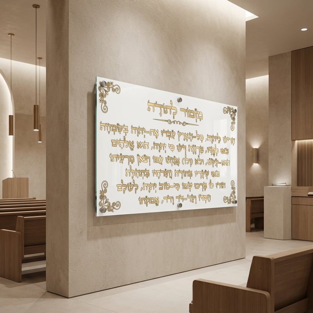 הדפסה על זכוכית - מזמור לתודה בכתב זהב על רקע לבן עם עיטורי פינות אלגנטיים תמונות זכוכית לסלון תמונות לבית תמונות קיר הדפסה על זכוכית