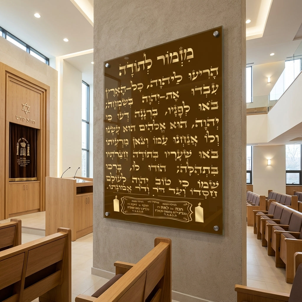 תמונות זכוכית - מזמור לתודה בכתב עברי מוזהב על רקע חום מבריק תמונות זכוכית לסלון תמונות לבית תמונות קיר הדפסה על זכוכית