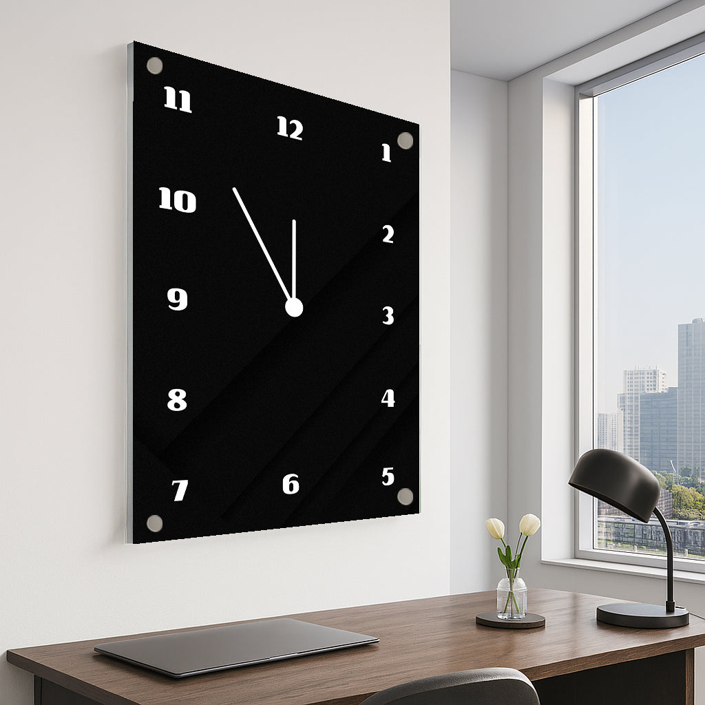 שעון קיר זכוכית שחור ספרות לבנות