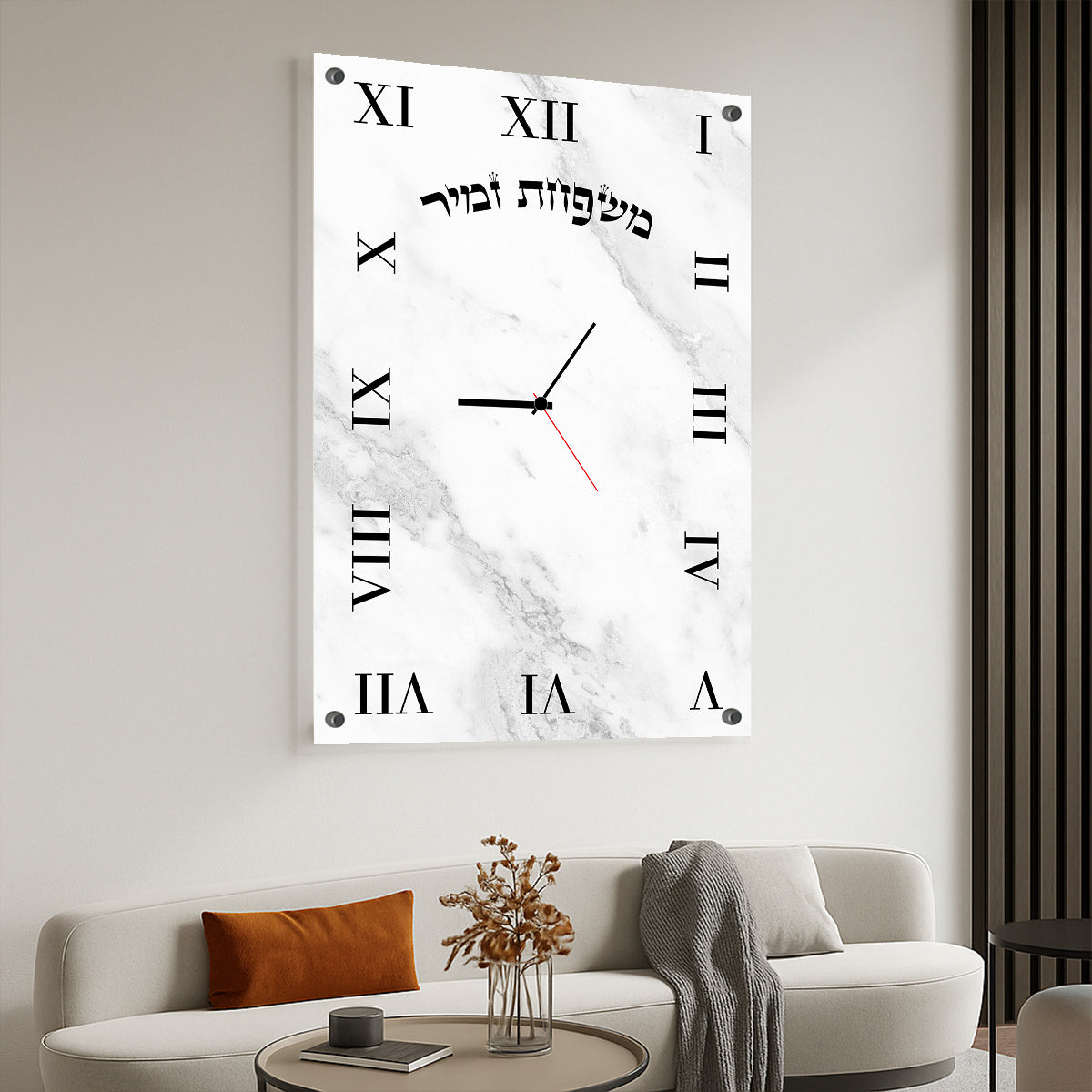 שעון קיר מזכוכית במראה שיש לבן