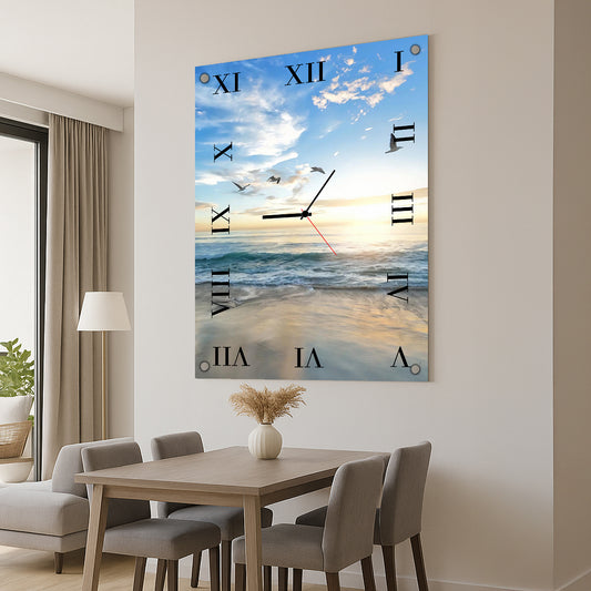 שעון קיר זכוכית ים בשקיעה