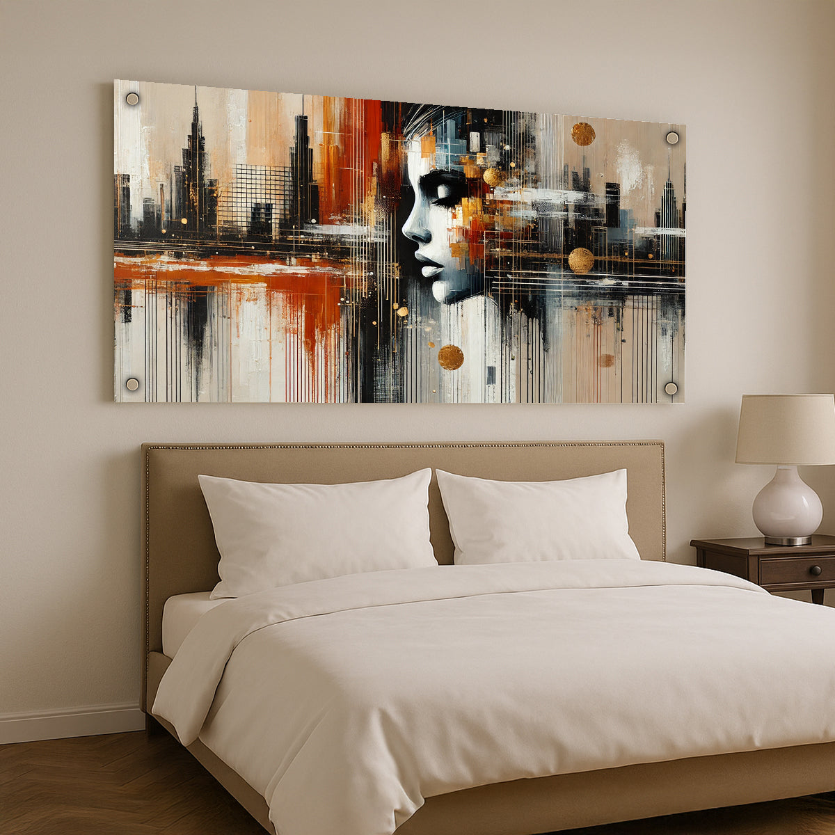 תמונת אמנות מודרנית של דיוקן נשי עם נוף עירוני מופשט בגוונים חמים – עיצוב יוקרתי על זכוכית